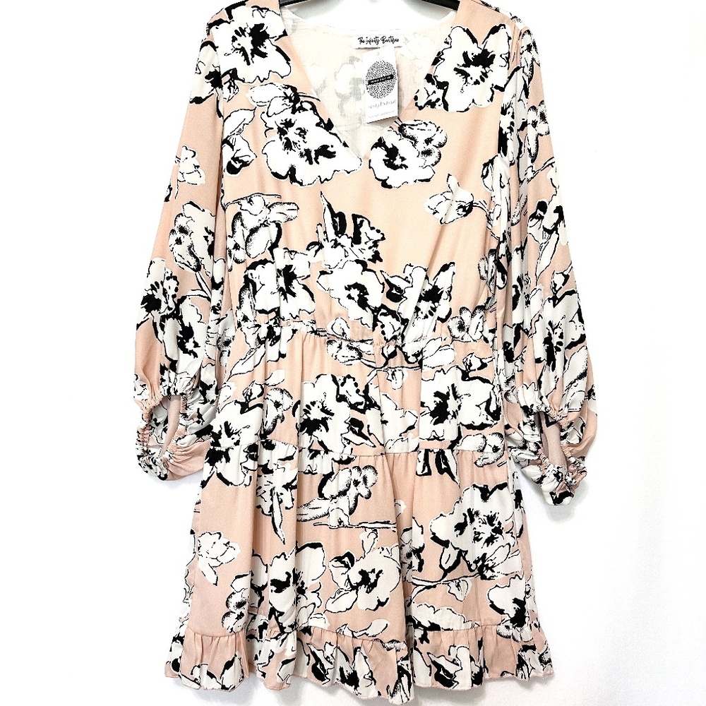 Infinity Boutique Floral Dress Womens Large NWT Gathered Waist Long Sleeve